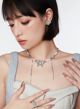 TRAP陷阱蓝色蝴蝶锁骨链女流苏珍珠项链轻奢小众甜酷风设计感颈链