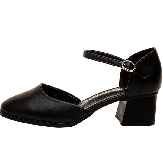 方头凉鞋女粗跟夏季包头中跟黑色高跟鞋女职业一字扣带中空女皮鞋