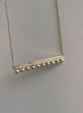 易梦玲同款西班牙波西米亚风镀金排钻极光澳白色珍珠平衡木项链