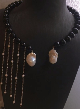 欧美Ins博主同款复古气质天然黑玛瑙流苏珍珠巴洛克吊坠项链项圈