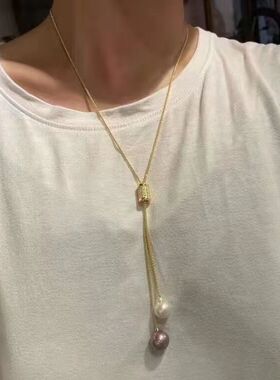 轻奢彩色双珍珠流苏可调节毛衣链