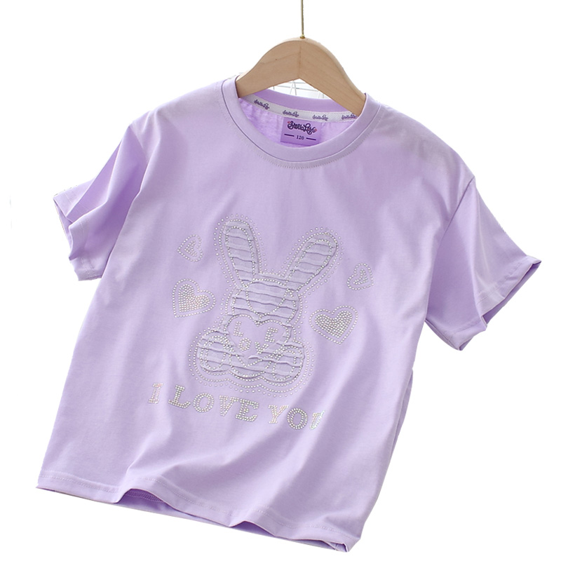 亮片小兔子纯棉短袖T恤女童夏季新款圆领T恤中大童洋气卡通上衣