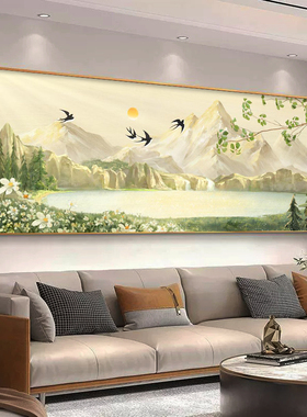 青山绿水客厅装饰画新中式山水沙发背景墙挂画好寓意书法茶室壁画