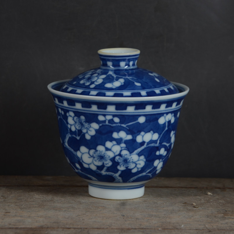 景德镇厂货瓷器手绘青花冰梅纹寒窑精品二才盖碗盖杯古玩古董收藏