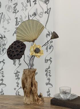 中式复古禅意实木干花花瓶摆件