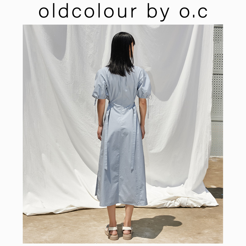 oldcolour欧珂【夏】纯棉圆领设计感收腰高腰裙连衣裙开叉裙长裙