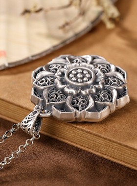999纯银莲花吊坠女士复古花丝镂空金刚杵挂坠个性气质轻奢毛衣链