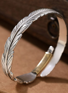 999纯银羽毛手镯男女情侣一对复古潮流个性足银镯子开口简约手环