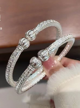 足银9999南瓜头铜钱手镯女新中式国风钱币开口纯银镯子情人节生日