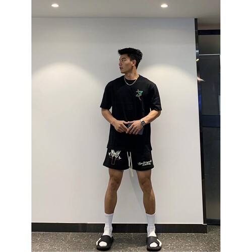 美式潮牌蝴蝶十字架字母休闲短裤男生夏季百搭宽松篮球运动五分裤 - 图0