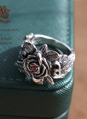 MS俏金族进口银饰Bld&Mry风格玫瑰戒指蔷薇镶嵌红石榴蔓藤女士新