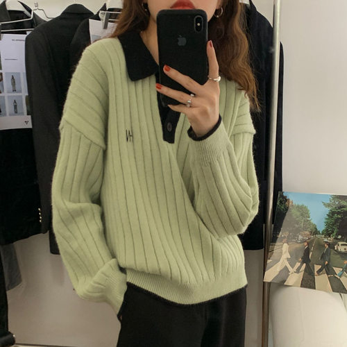 EAL羽迹慵懒风撞色软糯亲肤套头针织衫楠涛春季减龄宽松毛衣女 - 图0