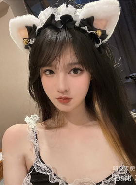 暗黑可爱猫铃铛蕾丝洛丽塔发箍女仆发箍发夹边夹拍照道具直播发饰