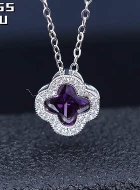 s925纯银粉色四叶草项链韩版时尚网红小众设计微镶锆石吊坠四色