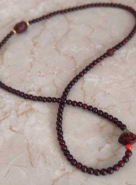 印度小叶紫檀木老料高油密精品小珠细链多圈女手链串祥云貔貅足金