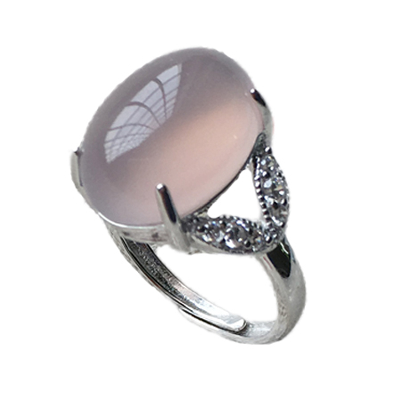 925纯银镶嵌玛瑙戒指女款灰紫色宝石天然水晶戒指玉髓食指环饰品