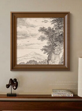 风景线稿素描挂画法式复古客厅装饰画美拉德中古餐厅玄关卧室壁画