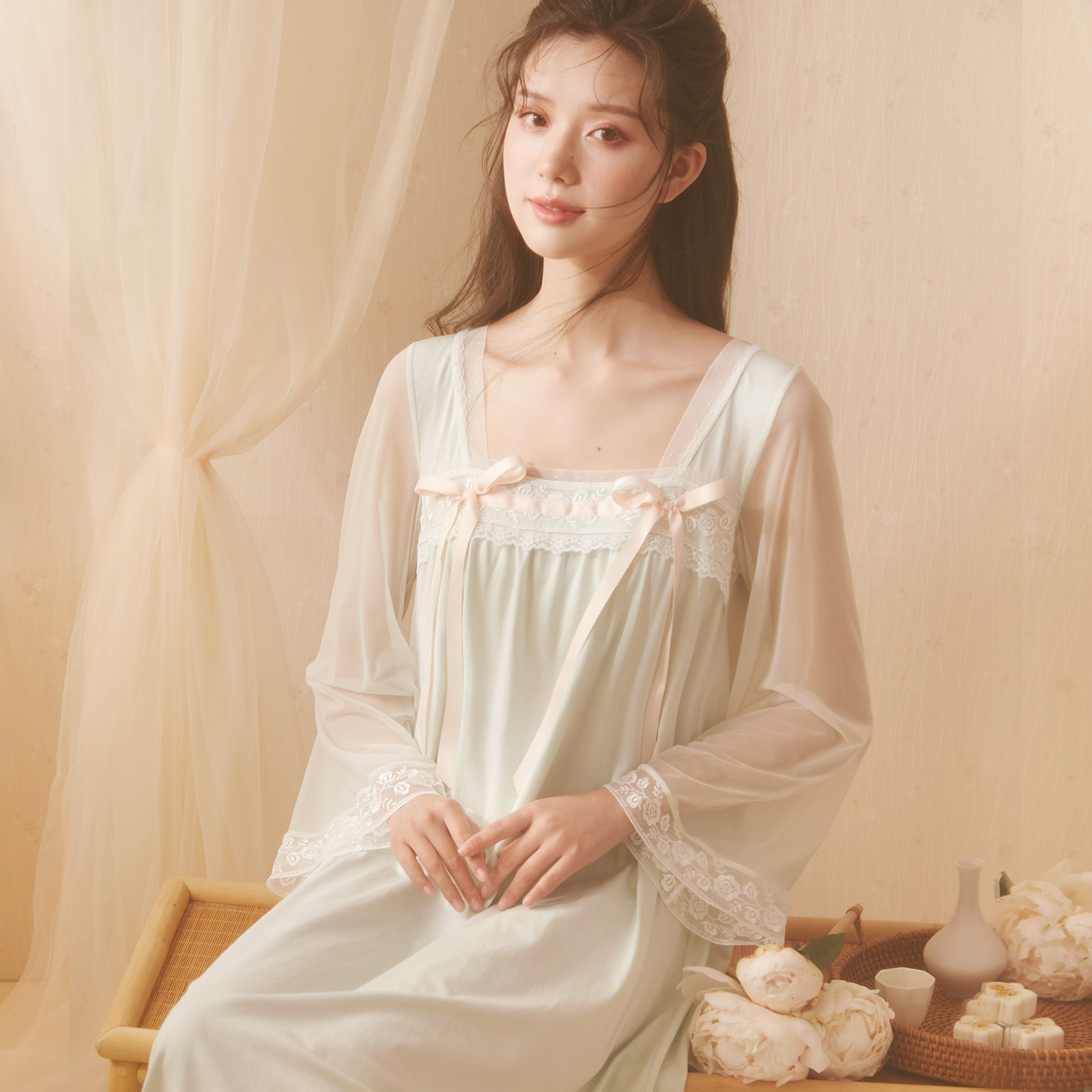 rosetree古风睡裙女春秋长袖纯棉中国风汉服睡裙长款齐胸襦裙睡衣