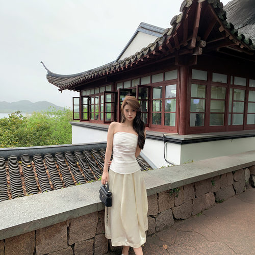 KMZD 云絮 缎面花苞半身裙女夏季高腰显瘦温柔风垂坠感气质中长裙 - 图1