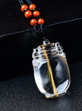 天然兔毛发晶水晶吊坠一根发 发晶 雕刻安平瓶转运招财保平安挂坠