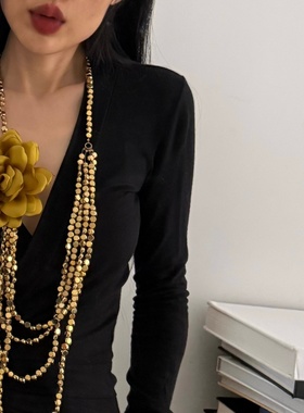 串珠花朵多层项链毛衣链女