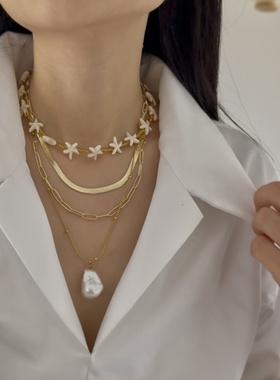 珍珠叠戴蛇骨项链条颈链