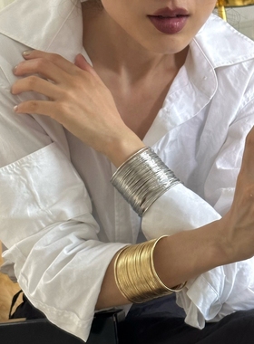 编织宽版金属手镯ins手环叠戴