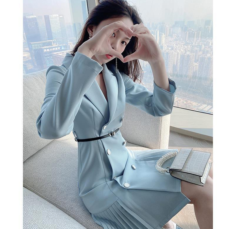 西装连衣裙女春装2021年新款早秋双排扣浅蓝色修身显瘦气质OL中裙