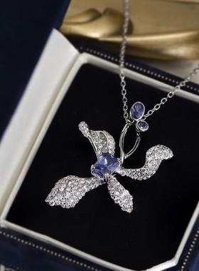 鸢尾花新款纯银锁骨短颈链大吊坠项链设计感独特出口配饰品法式