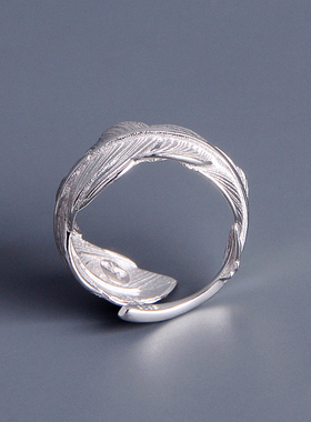 羽毛原创设计师款纯银手工戒指环