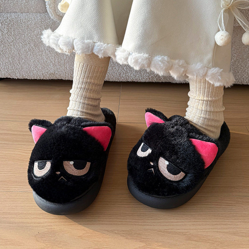 Cute little black cat cotton slippers for women at home cotton slippers for women plus velvet cotton slippers for men warm shoes confinement shoes for women Baotou slippers