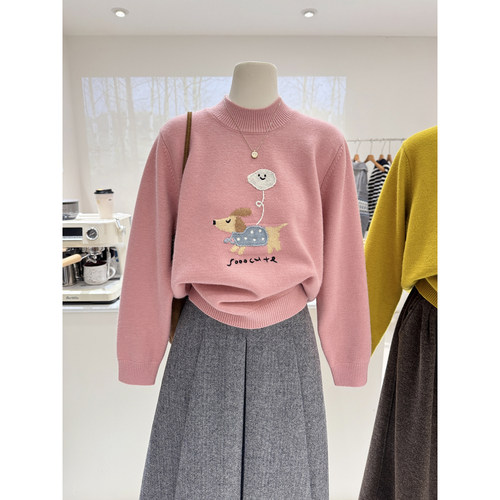 卡通小狗提花韩系冬季新款半高领宽松显瘦软糯套头针织毛衣女休闲 - 图0