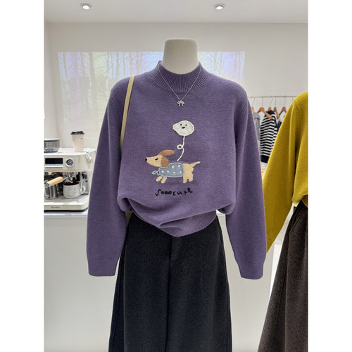 卡通小狗提花韩系冬季新款半高领宽松显瘦软糯套头针织毛衣女休闲 - 图2