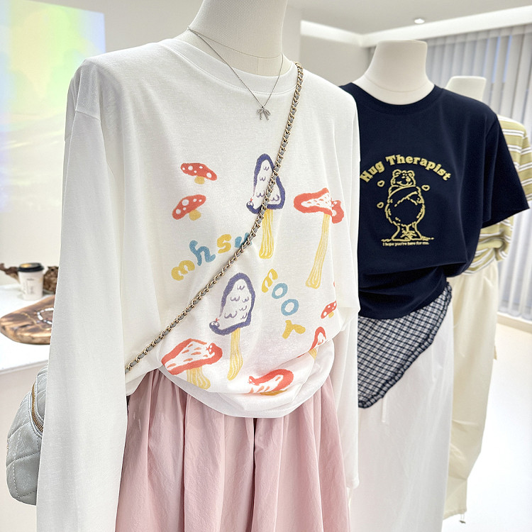 夏季简约韩系薄款蘑菇创意印花宽松显瘦白色长袖T恤女防晒衫罩衫,淘宝优惠券,粉丝福利购,淘宝优惠卷