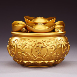 铜欣祥聚宝盆摆件黄铜家用玄关装饰工艺品存钱罐黄铜财米缸福桶