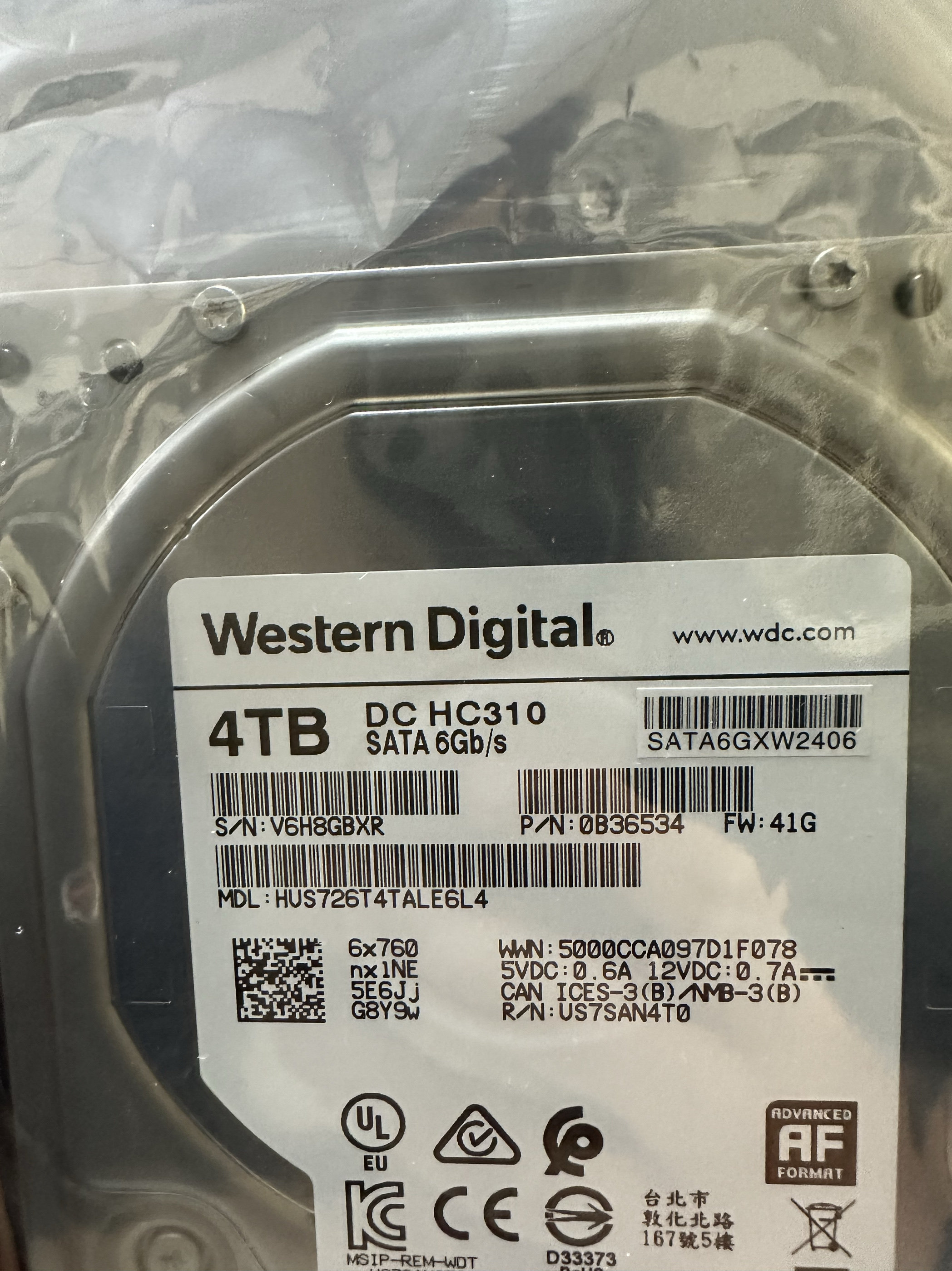 西数4T硬盘WD4T HC310监控企业级机械硬盘HUS726T4TALE6L4 ALA6L4 - 图0