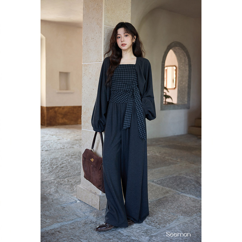 【立减50%】秋冬韩系气质高级感小众洋气格纹吊带外套裤子三件套,淘宝优惠券,粉丝福利购,淘宝优惠卷