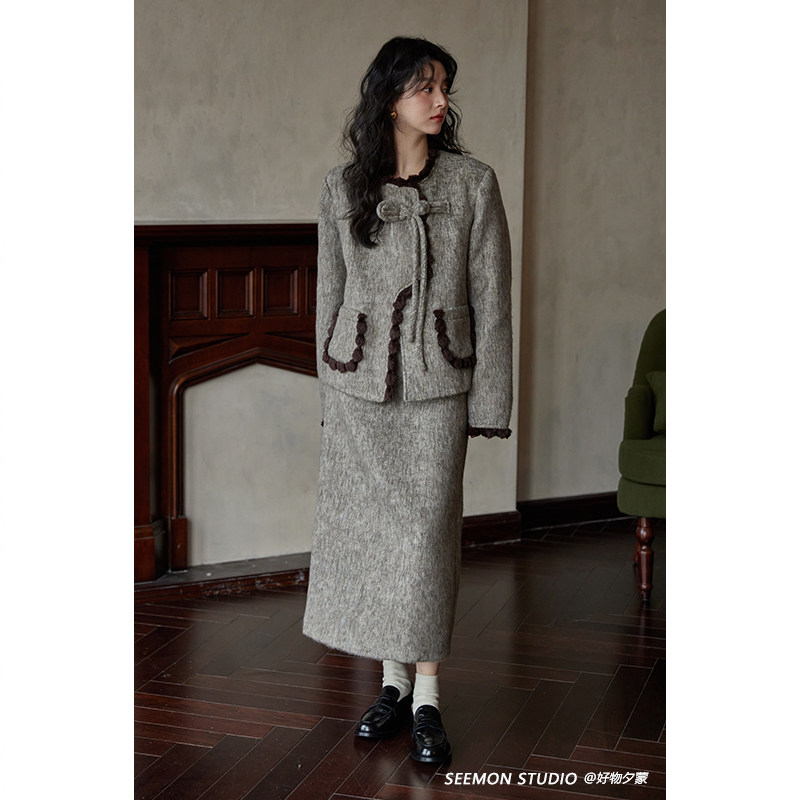 夕蒙2025新款秋冬新年高级感小个子法式短款毛呢外套女加厚裙套装,淘宝优惠券,粉丝福利购,淘宝优惠卷