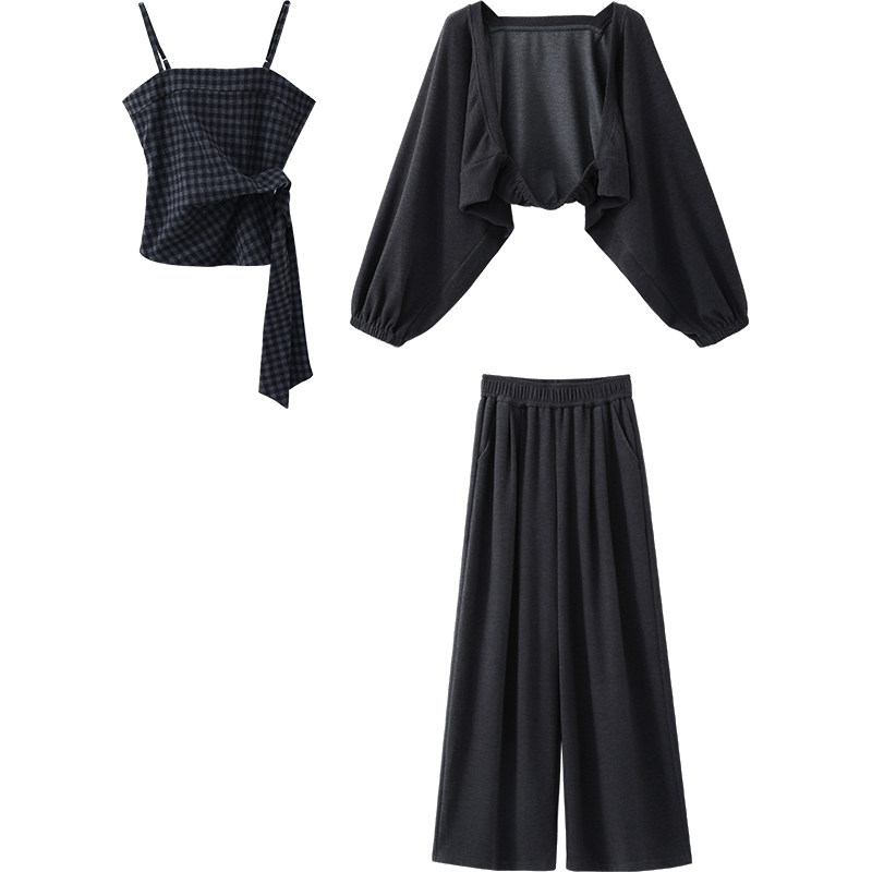 【立减50%】秋冬韩系气质高级感小众洋气格纹吊带外套裤子三件套,淘宝优惠券,粉丝福利购,淘宝优惠卷