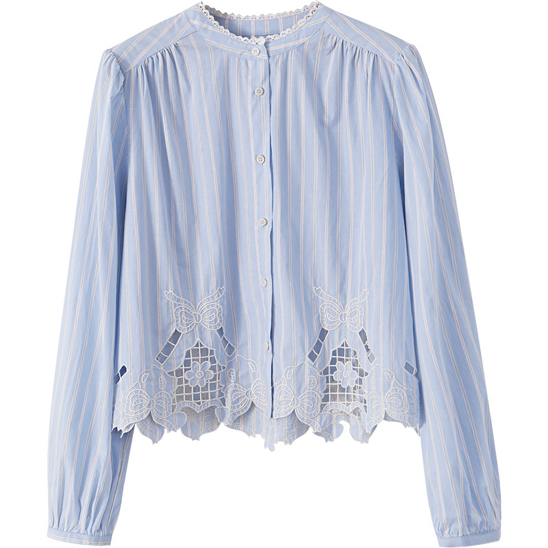 夕蒙2025新款春秋法式上衣设计感短款小个子小众气质蓝色条纹衬衫