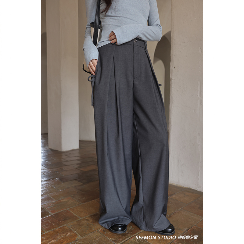 夕蒙2025新款秋季韩系气质裤子蝴蝶结慵懒高级小众灰色阔腿休闲裤