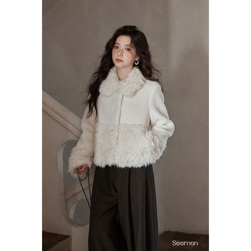 夕蒙2026新款冬季设计感小众高级感小个子羊羔毛毛领毛绒白色外套,淘宝优惠券,粉丝福利购,淘宝优惠卷