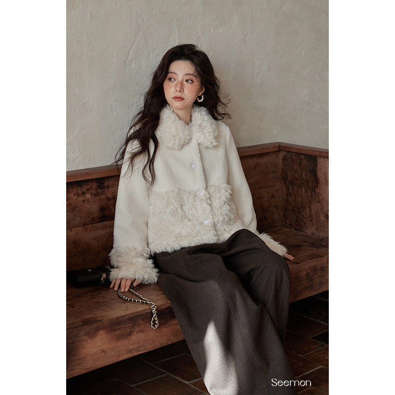 夕蒙2026新款冬季设计感小众高级感小个子羊羔毛毛领毛绒白色外套,淘宝优惠券,粉丝福利购,淘宝优惠卷