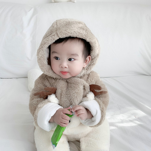 男女婴儿连体衣外出服冬季加绒夹棉厚圣诞新生儿抱服宝宝棉服包脚 - 图0
