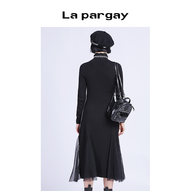 Lapargay纳帕佳2023新款女装黑色裙子个性修身网纱拼接针织连衣裙