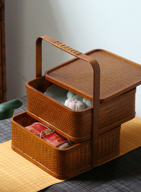 中式竹编收纳篮气器食盒 品茶具收纳盒 家用双层碟子点心盒 点心