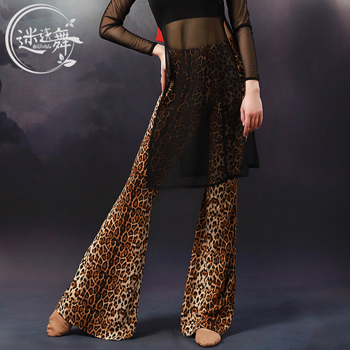 迷迭舞春夏新款肚皮舞练功服裤子豹纹裤喇叭裤东方舞练习表演服裤 - 图3