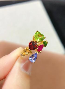 五彩色可调节大小戒指女开口戒指大气中指饰品天然宝石纯银镶嵌
