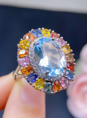 天然瑞士蓝托帕石彩色蓝宝石戒指s925纯银镶嵌活口女豪镶大气欧美