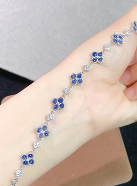 天然蓝宝石手链S925纯银镶嵌四叶草手链气质新款女斯里兰卡3mm